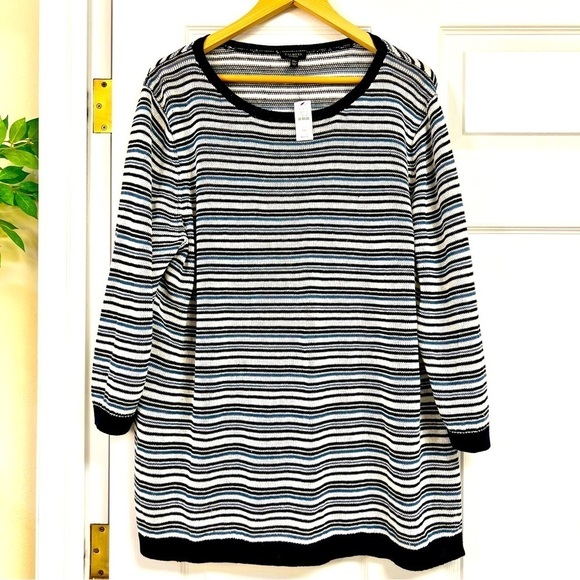 NWT Talbots PLUS 3X Petite Womens Striped 100% Linen Knit Sweater Blue White - Picture 1 of 9